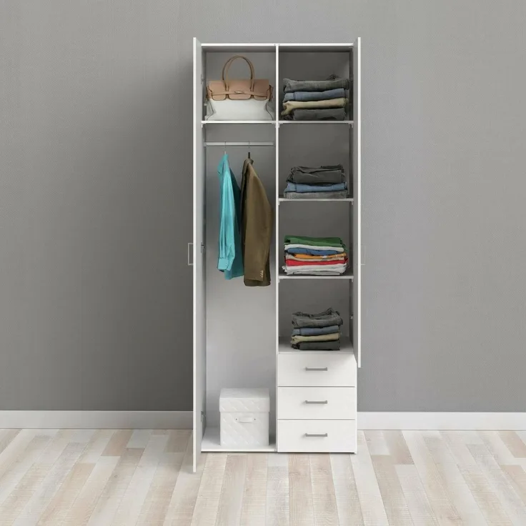 Dmora - Kleiderschrank mit zwei Türen und drei Schubladen, Farbe Weiß, Maße 77 x 200 x 49,5 cm