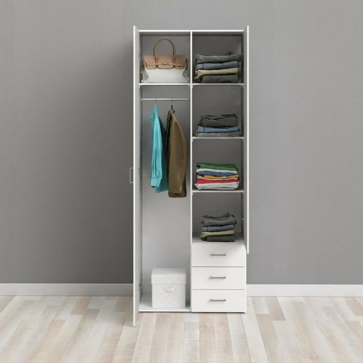 Dmora - Kleiderschrank mit zwei Türen und drei Schubladen, Farbe Weiß, Maße 77 x 200 x 49,5 cm