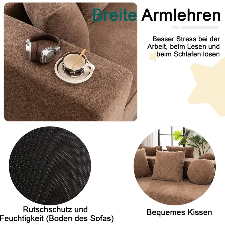 Wohnora-Vollkomprimiertes knochenloses Sofa,Wohnzimmer / Schlafzimmer mit segmentiertem Wolkensofa, modernem modularen Sofa, ohne Montage, komfortablem, hautfreundlichem Chenille-Stoff,H 66cm x T 263cm x B 171cm,Braun – Bild 1