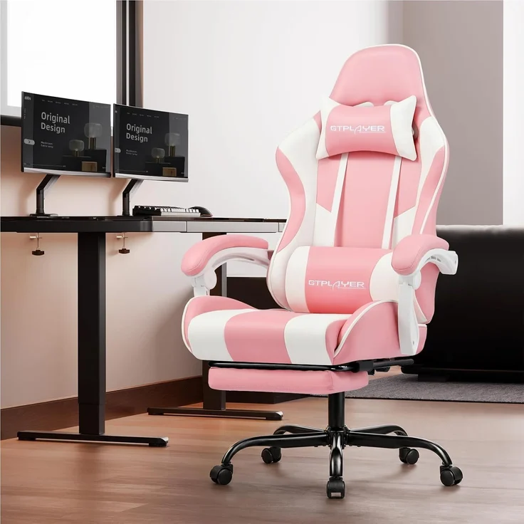 GTPLAYER Bürostuhl Gaming Stuhl Massage Gaming Sessel Ergonomischer Gamer Stuhl mit Fußstütze, Gepolstert Gaming Chair, Drehsessel 150KG,pink – Bild 6