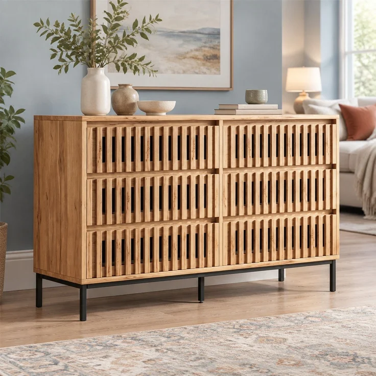 DESVIAE Sideboard Holzfarbe aus MDF/Spanplatte – 120x81x40 cm – 6 Schubladen – Bild 2