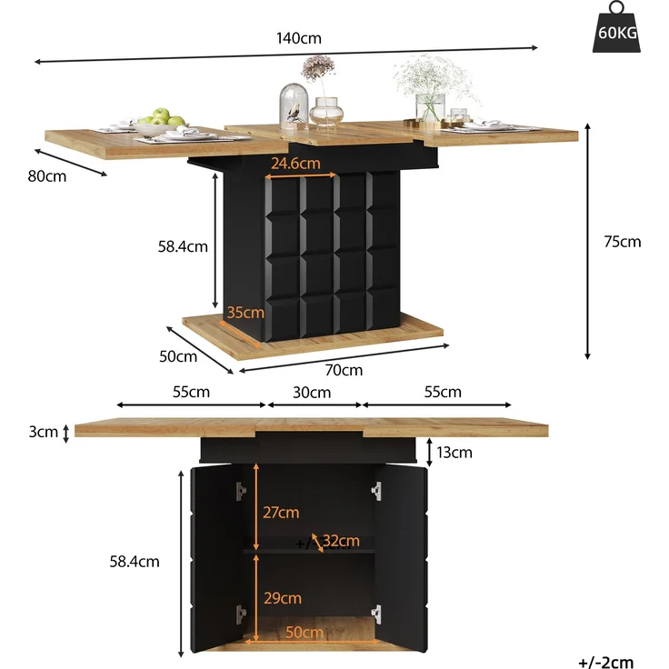 Esstisch ausziehbar 110-140x80x75 cm, mit kariertem Muster & verstecktem Stauraum – Bild 10