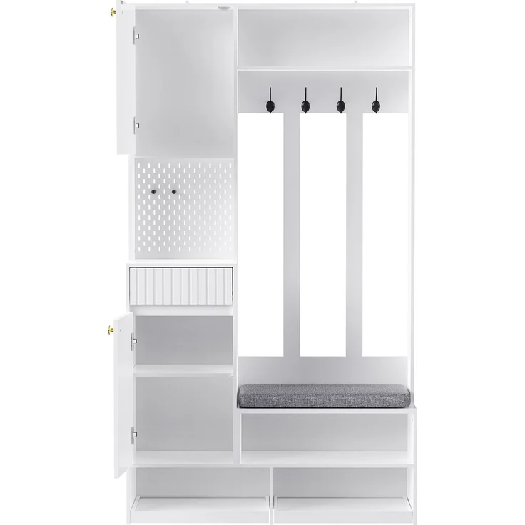 Garderobenset, Komplett-Set Flurgarderobe mit Sitzbank, 4 Haken, Türen & Schubladen - Weiß, Kompaktmaße 100×180×35 cm (B×H×T) – Bild 7