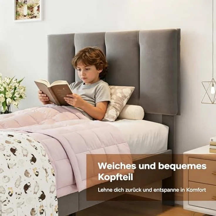 VECELO 2er-Set Polsterbett 90x200 cm, Einzelbett mit Samt-Kopfteil und Lattenrost, hautfreundlich, aus legiertem Stahl, ohne Matratze, Grau – Bild 4