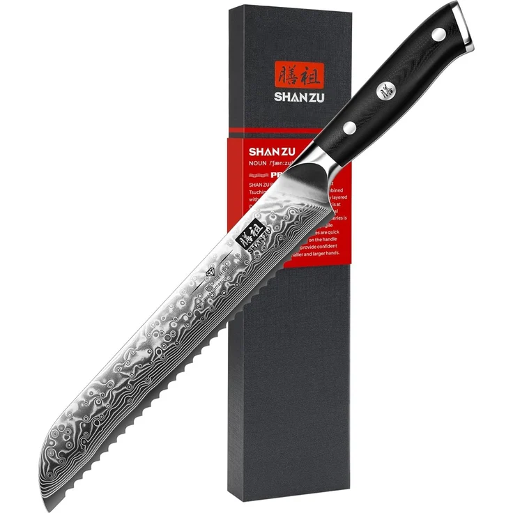 SHAN ZU 20 cm Damast Brotmesser mit Wellenschliff, 67 Lagen Japanischer Damaststahl, Kuchenmesser aus kohlenstoffreichem Superstahl, Ergonomischem G10-Griff - PRO Series