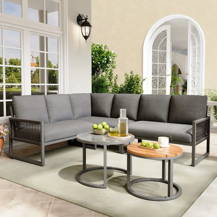 Garten-Lounge-Set, Möbelset für 6-7 Personen, Ecksofa mit verzinktem Eisengestell, verstellbare Beine, inklusive aller Sitz- und Rückenkissen, grau--Herde--69.85x62.23x40.01cm--YOUDENOVA