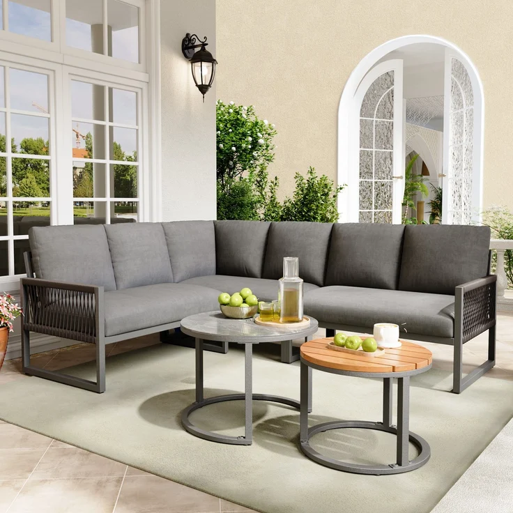 Garten-Lounge-Set, Möbelset für 6-7 Personen, Ecksofa mit verzinktem Eisengestell, verstellbare Beine, inklusive aller Sitz- und Rückenkissen, grau--Herde--69.85x62.23x40.01cm--YOUDENOVA – Bild 1