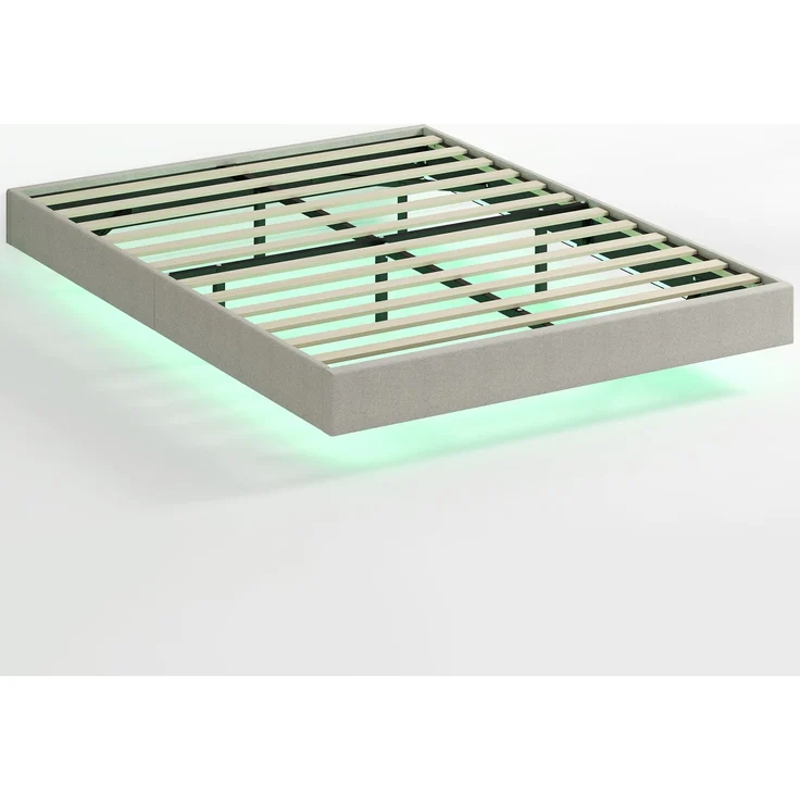Rayofly-Schwebendes Bettgestell 140x190 cm mit LED Beleuchtung, Leinenbezug Doppelbett, Holzlattenrost, Beige, H 270cm x T 1910cm x B 1420cm – Bild 1