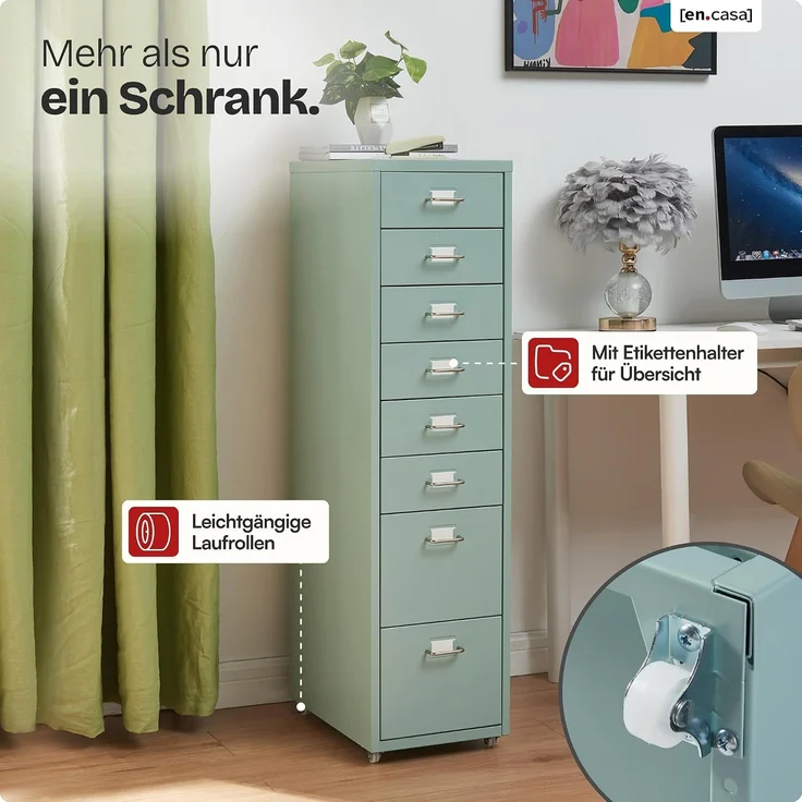 Rollcontainer Kökar mit 8 Schubladen 109x28x41 cm Mintgrün [en. casa] – Bild 4