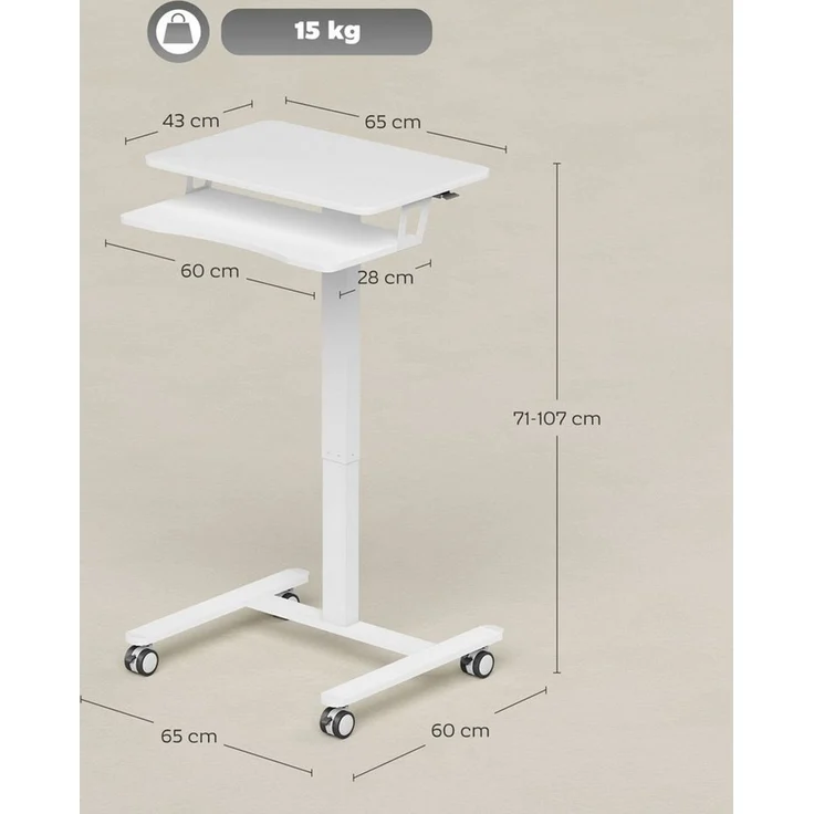 HOMCOM Schreibtisch Höhenverstellbar Computertisch mit Rollen (Mobiler Beistelltisch, 1-St, Laptoptisch), für Sofa, Bett, Büro 65x60 cm, Weiß – Bild 2