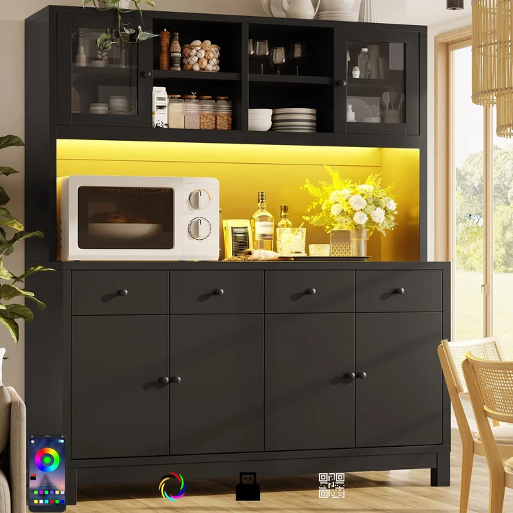 EINHOM Hochbuffetschrank 140 x 38.5 x 180 cm mit App-gesteuerter RGB-LED, Glastüren & 4 Schubladen, Verstellbare Einlegeböden, Belastbar bis 100kg, Schwarz – Bild 5