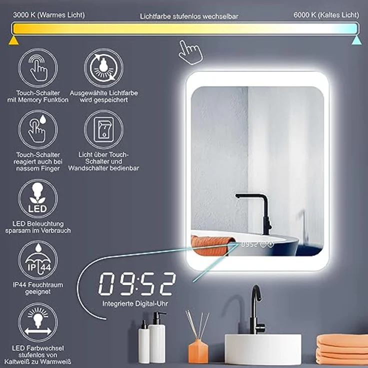 HOKO LED Badspiegel Weimar, 50x70 cm, moderner Lichtspiegel mit Digital-Uhr, Touch-Schalter und wechselbarem LED Licht (Warmweiß/Kaltweiß/Neutral) – Bild 3