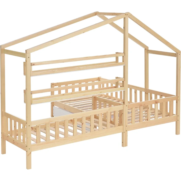 U-life Hausbett L-Form 90x200 cm und 140x70 cm, Kinderbett mit Schubladen und Regalen, Massivholz mit Sicherheitszaun und Lattenrost, Natur – Bild 9
