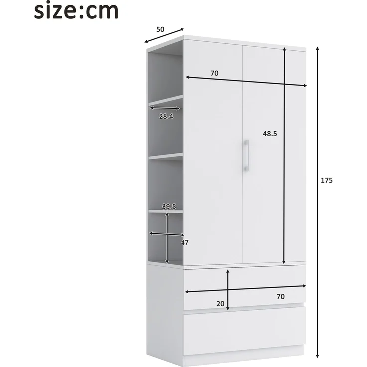 Kleiderschrank 70 x 50 x 175 cm in Weiß und Holzfarbe mit Kleiderstange und Schubladen – Bild 4