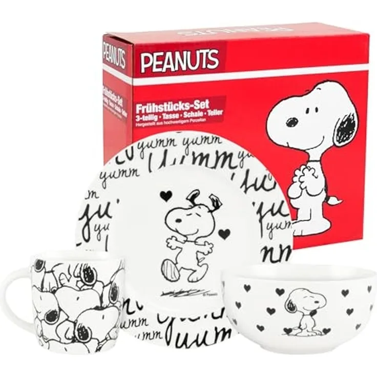 United Labels® Frühstücks-Geschirrset Peanuts Snoopy - yumm yumm -3-tlg, 1 Personen, Porzellan
