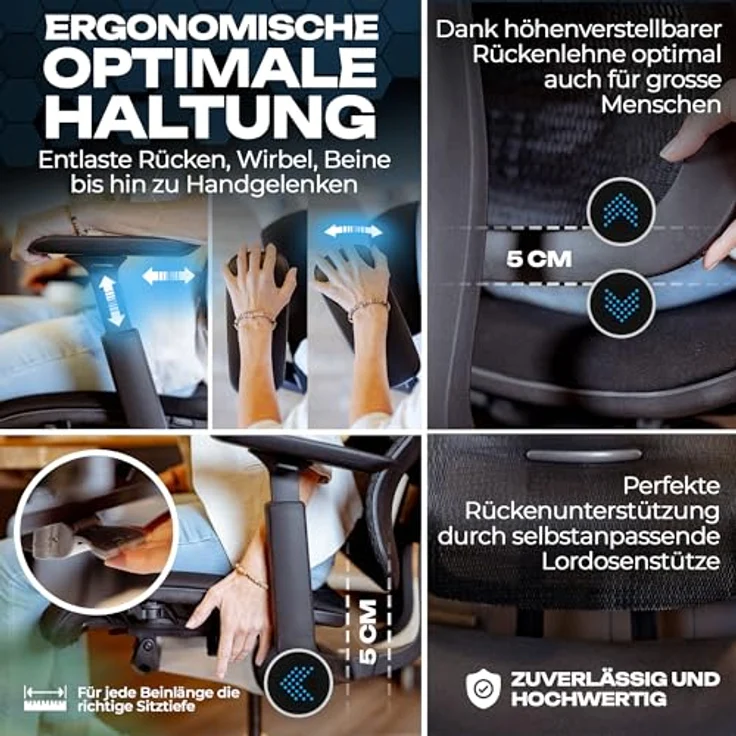 VALKENSTOL M6 Bürostuhl Ergonomisch Testsieger, auch bis 1,95m, Schreibtischstuhl mit Polster-Sitz, Office Chair mit adaptiver Lordosenstütze, Verstellbare Rückenlehne für Gesundes Sitzen, Chefsessel – Bild 3