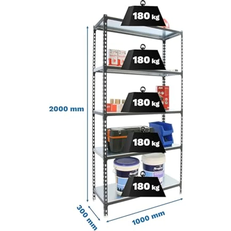Simonrack Schwerlastregal, Lagerregal, 200 x 100 x 30 cm, Metallregal, Kellerregal, Biegestelle 180 kg, 5 Fachböden, Anthrazit/Weiss - Simonclick – Bild 3