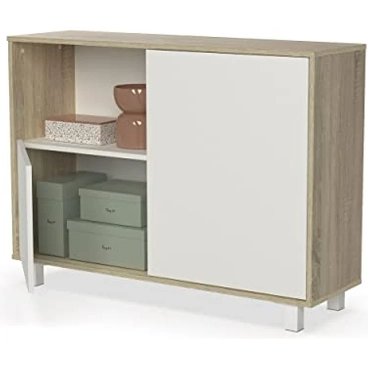 Muebles Pitarch | Sideboard für Wohn- und Esszimmer, Buffet, Möbelstück, 2 Türen und 1 Fach, mit Beinen, Weiß und Eiche Cambrian, 82,5 x 112 x 33 cm, Moderner Eingangsbereich, Tibet Kollektion – Bild 7