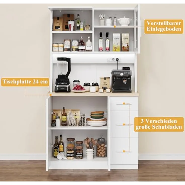 JUMMICO Buffetschrank, 100 x 40 x 182(H) cm, Küchenschrank mit 2 Steckdosen und LED Streifen 3000K, Küchenbuffet mit verstellbaren Einlegeboden und Arbeitsplatte 24 mm, Weiß – Bild 4