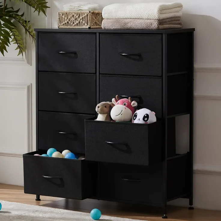 DUMOS Kommode mit Schubladen - kommoden & Sideboards für Schlafzimmer Geeignet, Komodenschrank mit 8 Schubladen, Stoffkommode mit Stabilem Stahlrahmen, Ideal für Schlafzimmer, Wohnzimmer (Schwarz)