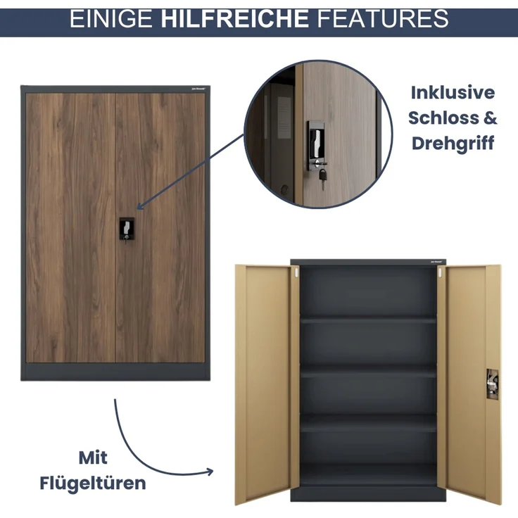 Aktenschrank abschließbar KADO - 4 Ebenen verstellbar, Flügeltüren | Metallschrank Werkstatt Mehrzweckschrank Büroschrank aus Stahl Werkzeugschrank, 140x90x40cm Anthrazit-Nussbaum – Bild 5
