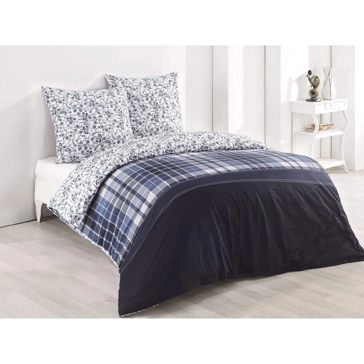 Buymax Bettwäsche Wende-Bettwäsche, Pablo, Renforce: 100% Baumwolle, 3 teilig, 200x220 cm, Bettbezug-Set, mit Reißverschluss, Blumen, Karo, Weiß Blau – Bild 1
