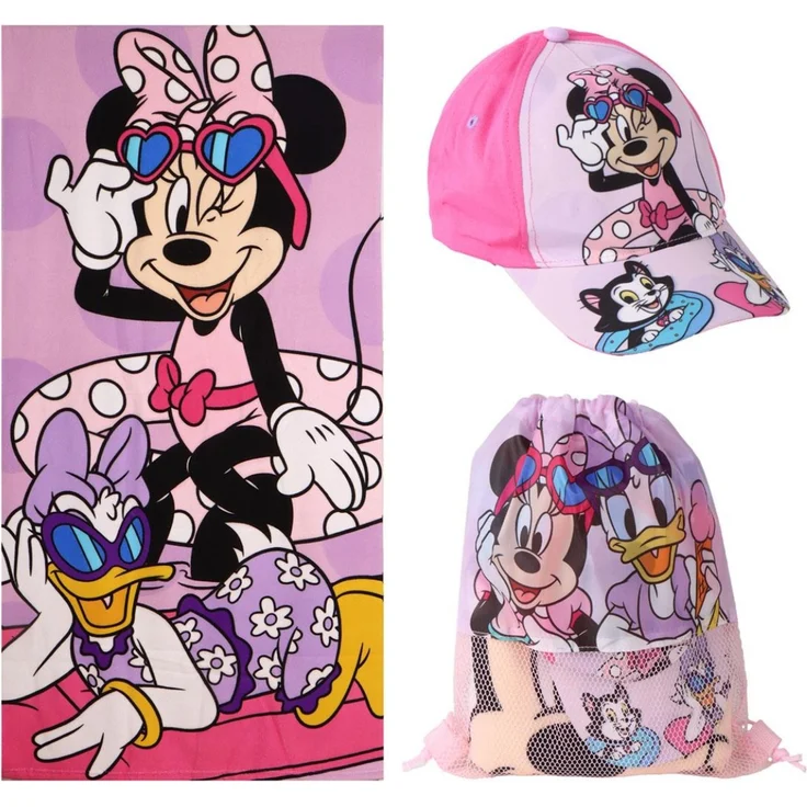 Disney Minnie Mouse Strand Set Kinder Badetuch 70 × 140 cm Cap Turnbeutel – Bild 1
