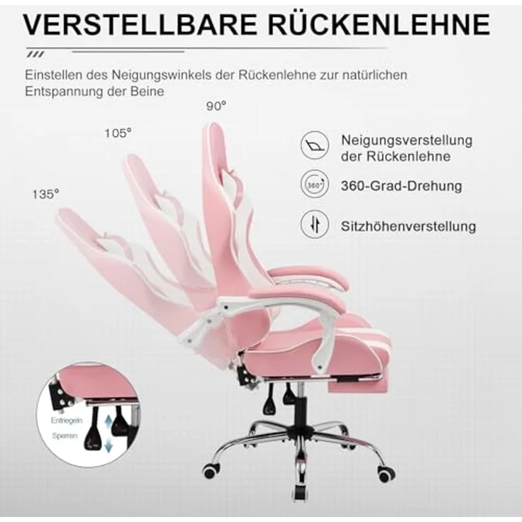 GTPLAYER Gaming Stuhl Bürostuhl Massage Gaming Sessel Ergonomischer Gamer Stuhl mit Fußstütze, Kopfstütze Massage-Lendenkissen, Gepolstert Gaming Chair, Drehsessel, rosa – Bild 5