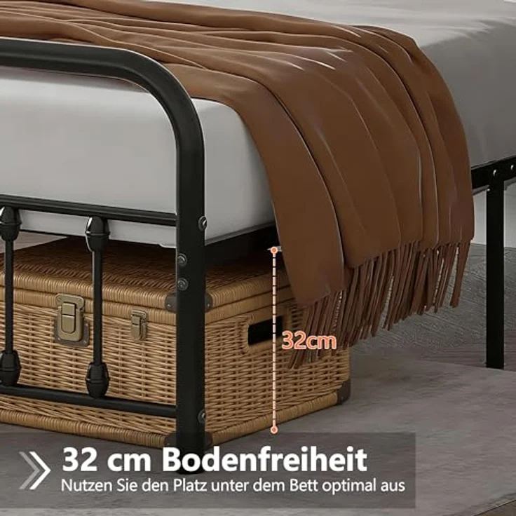 Metallbett 140x200 cm Bettrahmen mit Hohem Kopfteil, Stabiles Bettgestell Doppelbett aus Metall mit Lattenrost, Metall Gästebett Jugendbett, Viel Stauraum unter dem Bett, Schwarz – Bild 6