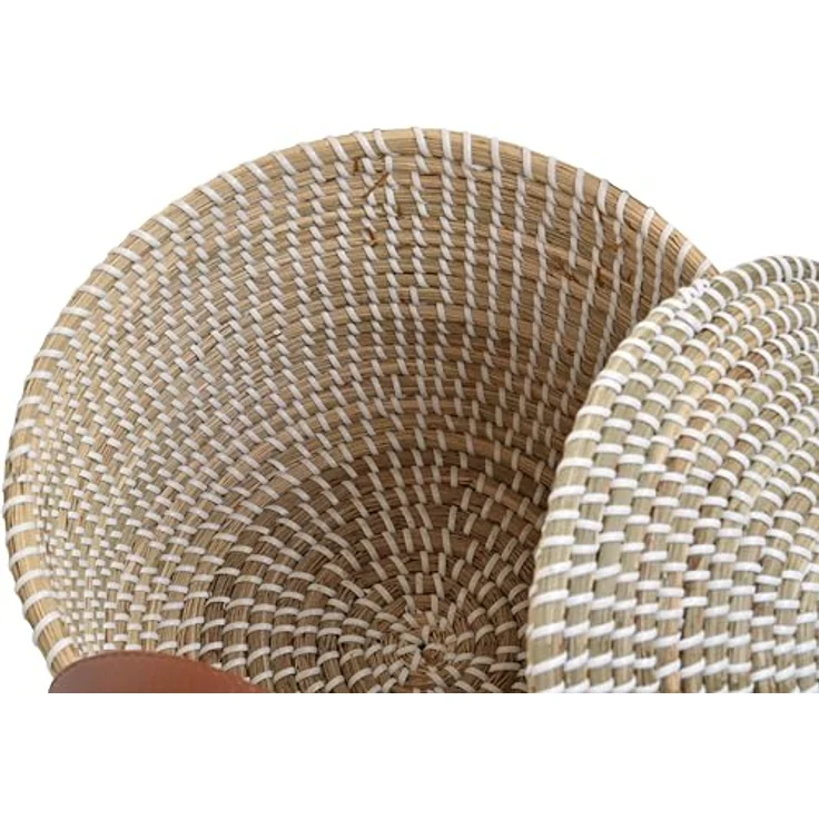 Krines Home Aufbewahrungskorb Set/2 Handgearbeiteter Seegras Dekokorb mit Deckel zur Aufbewahrung (2 St, 2er-Set), Flechtkorb Korb Natur mit weißen Wicklungen Rund Hell Natur – Bild 10