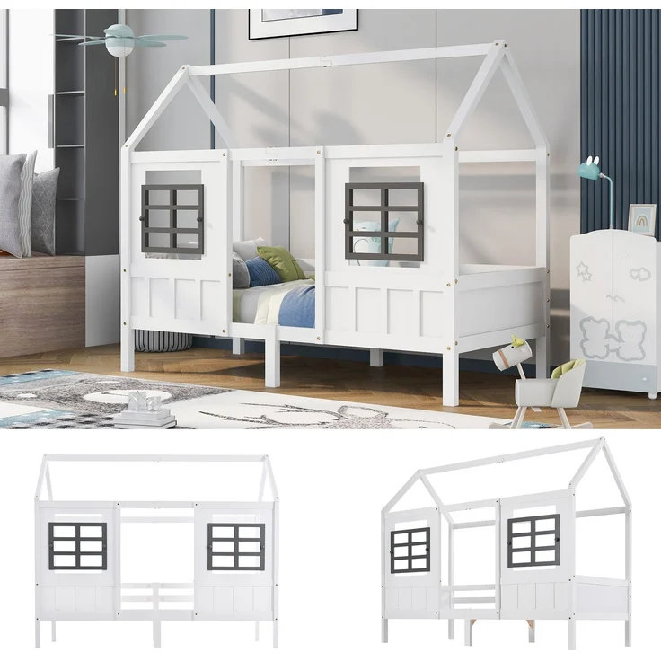 U-life Hausbett 90x200 cm, Einzelbett und Kinderbett, mit 2 Fenstern und Sicherheitsgeländer, Kiefernholz, Weiß – Bild 5