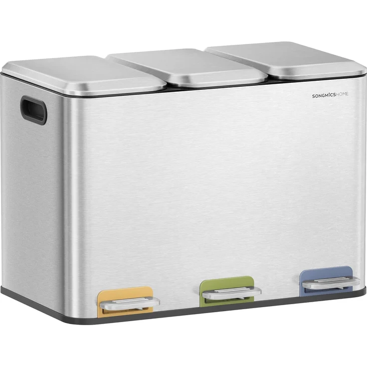 SONGMICS HOME Mülleimer Küche, 3x15 L Fächer, Abfalleimer mit farbcodierbaren Pedalen, Mülltrennsystem, mit Deckeln und Inneneimern, Stahl, metallicsilber LTB740E45V1 – Bild 1