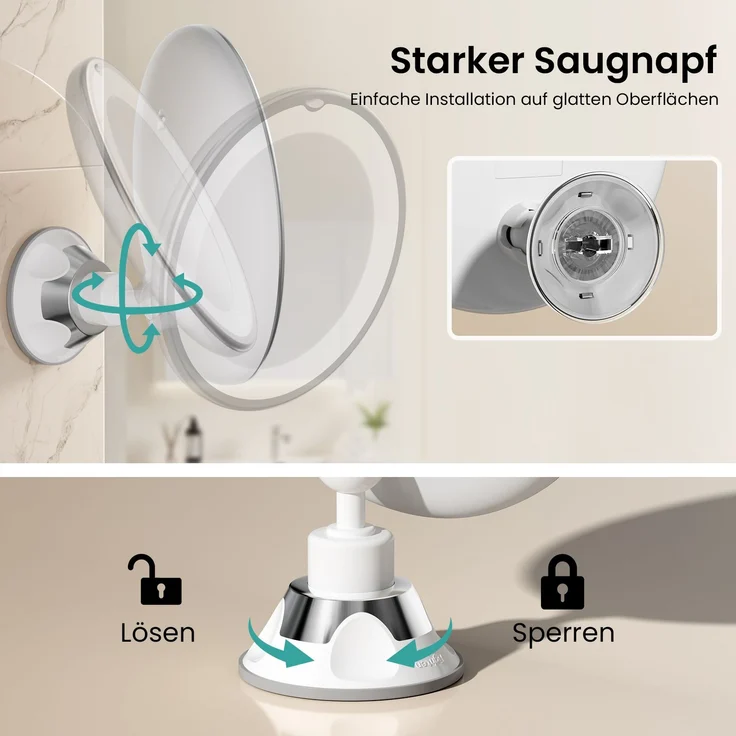EMKE Kosmetikspiegel mit beleuchtung mit 5 fach Vergrößerungsspiegel, LED Schminkspiegel 360° Schwenkbar mit Saugnapf,175 mm Durchmesser Tragbarer Wandspiegel Batteriebetrieben（Weiß） – Bild 4