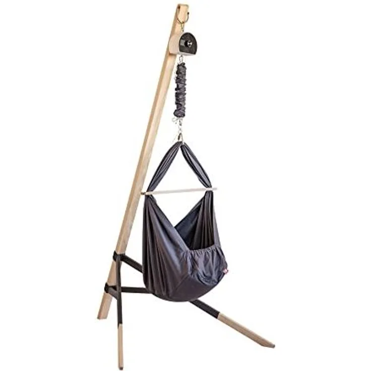 LULLABY Federwiege Set mit Matratze, 100% Baumwolle, Made in Germany (Baby Hängewiege mit Motor & Ständer, Basaltgrau)