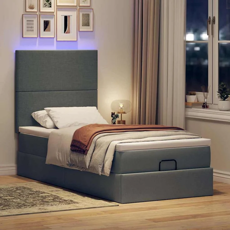 vidaXL Ottoman-Bett mit Matratze & LEDs Dunkelgrau 100x200 cm Stoff 3313900 – Bild 3