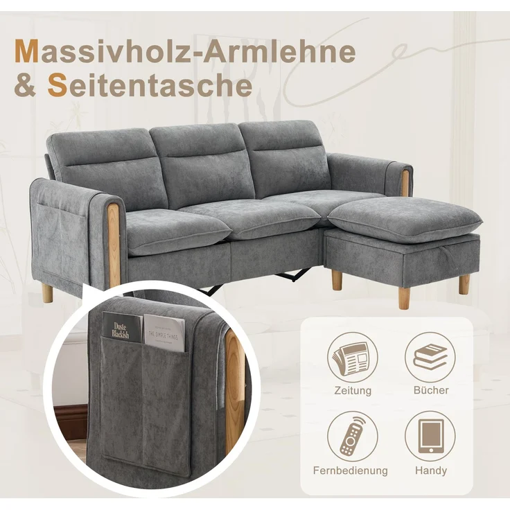 EINHOM Dreisitzige Sofagarnitur im nordischen Stil mit Aufbewahrungshocker, L-förmiges Stoffsofa mit Seitentaschen und Tischbeinen aus Holz, ideal für Wohnzimmer und kleine Räume (Grauer Chenille) – Bild 5