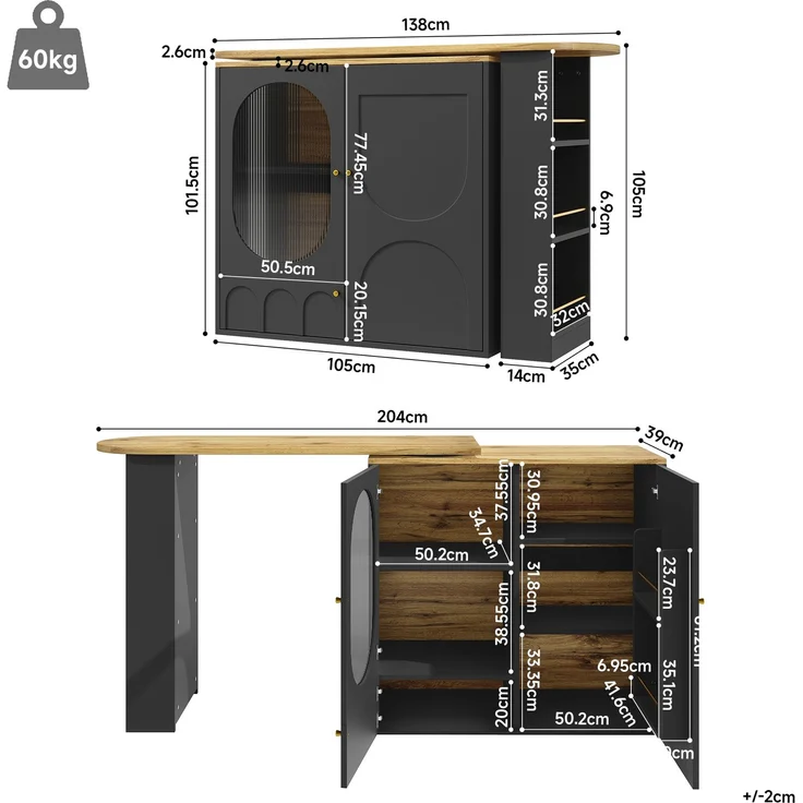 Kücheninsel Stehtisch 204x39x105cm MDF Metall Barwagen Aufbewahrung Drehtisch,Schwarz & Natur – Bild 10