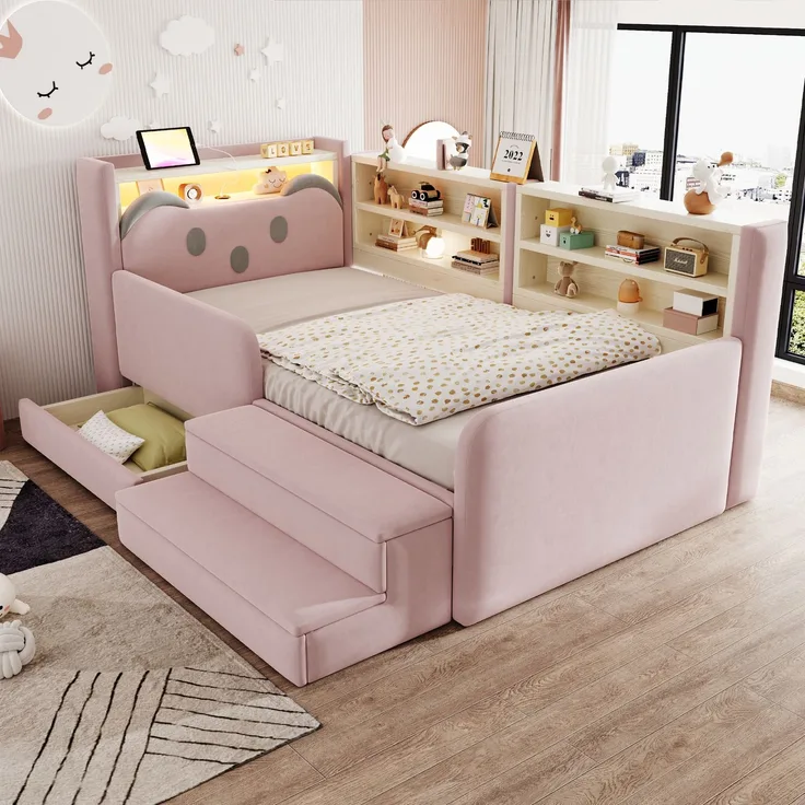 ZUBALIYA Polsterbett, mit Schubladen, mit Stauraum, mit LED-Beleuchtung, mit USB-Anschluss, inklusive Lattenrost, Liegefläche 90 × 200 cm, H 85 × T 218 × B 108.5 cm, Rosa, Samt