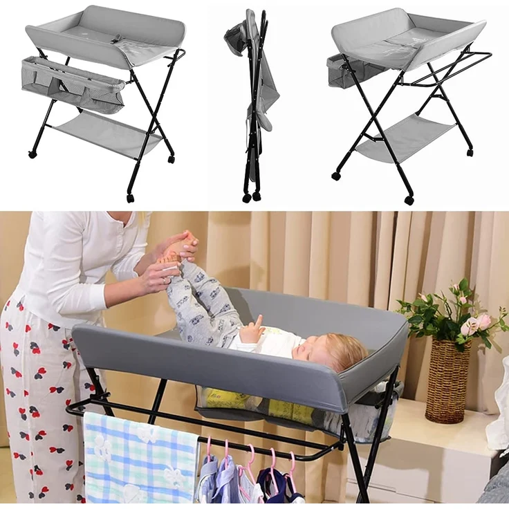 RELOVE Wickeltisch faltbar, mit Aufbewahrungskorb an der Seite, Struktur aus Eisen, max. Belastung 25 kg, für Neugeborene, ergonomisches Design, Wickeltisch, faltbar und tragbar (grau (80 x 66 x 98 – Bild 3