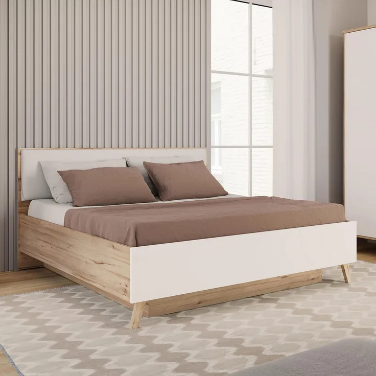 Forte VANKKA Bettgestell, Liegefläche: 160x200 cm, modernes Bett mit Polsterkopfteil, Doppelbett, Schlafzimmer, Holzwerkstoff, Planked Eiche Holzdekor, 167,4 cm breit x 94,2 cm hoch x 206,5 cm tief