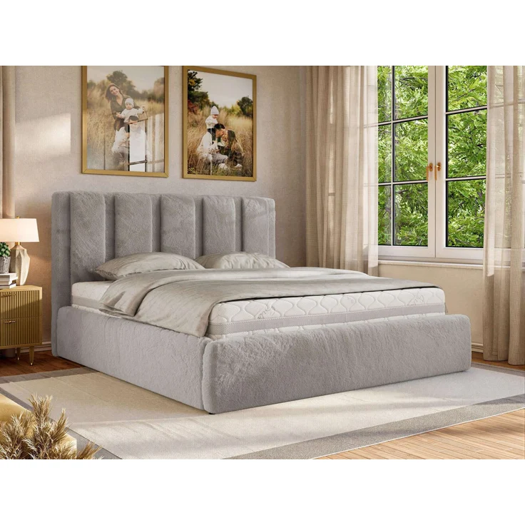 Polsterbett SAVINO CLASSIC mit Bettkasten und Lattenrost Doppelbett 180 x 200 cm mit hohem Kopfteil Stauraumbett Bett mit Gasdruckfeder - Hellgrau Plüsch - Pocket Matratze - VIRE LUX – Bild 1
