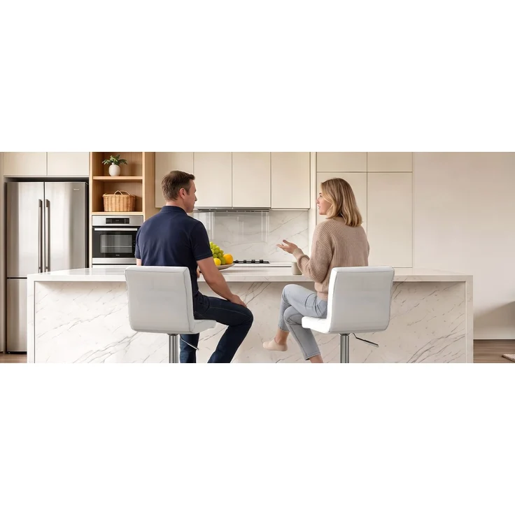 Botifly 2er Set Barhocker Weiß Kunstleder, Höhenverstellbar 60-80cm, 360° Drehbare Barstühle mit Fußstütze, Gepolsterte Theke Hocker für Küche & Bar, SGS Zertifiziert, 46 x 45 x 55 cm – Bild 7