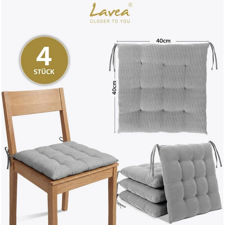 Lavea Stuhlkissen Lavea® Sitzkissen & Stuhlkissen 40x40 cm – 4er/8er Set, 40x40x3 cm, mit Stoffbändern, Indoor & Outdoor, für Garten & Balkon – Bild 2