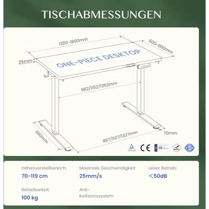 FLEXISPOT Höhenverstellbarer Schreibtisch 180x80 cm mit 2 Motoren & 25MM einteiliger Tischplatte,ergonomischer Bürotisch - Walnussbraun, Mousseweiß Gestell – Bild 3