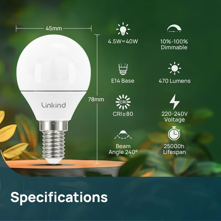 Linkind E14 Dimmbar 4.5W Golf P45/G45 Lampe, ersetzt 40 Watt, 2700K Warmweiß E14 LED mit 470Lm Helligkeit, dimmbar E14 Energiesparlampe, 6 Stück – Bild 2