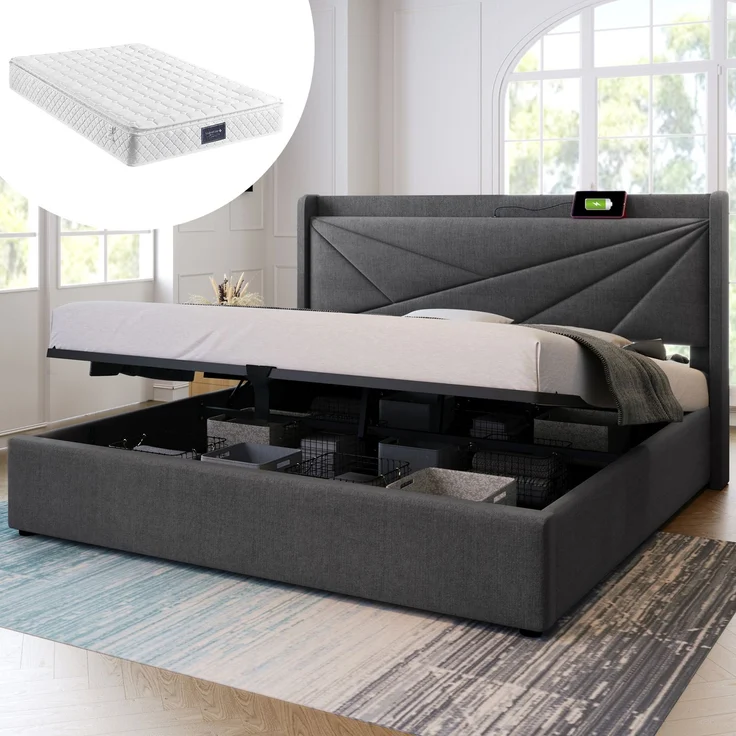 Polsterbett 160x200 cm mit Stauraum,Kopfteil mit USB & Typ-C Ladefunktion,Grau,inklusive Matratze – Bild 1