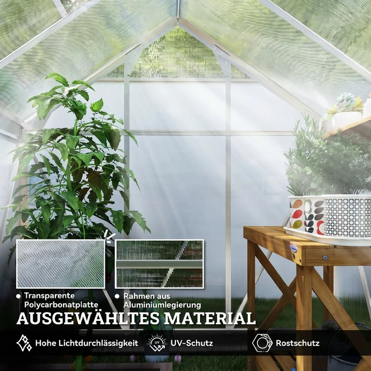 Outsunny Gewächshaus, Aluminiumlegierung, Polycarbonat, Silber, 190L x 132B x 201H cm – Bild 5
