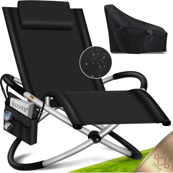 KESSER® Relaxliege Liegestuhl | Gartenliege | Gartenstuhl | Klappstuhl faltbar | Schwungliege | Schaukelsessel | ergonomische Relaxsessel | wetterfest | 180 kg Belastung | 174 x 78 x 89 cm Schwarz - mit Set – Bild 1