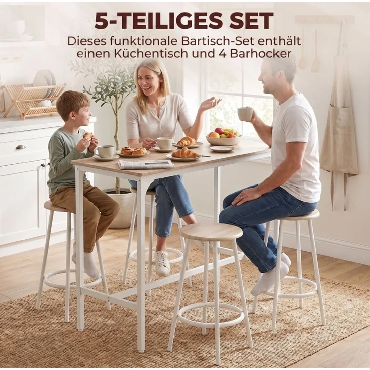 Bartisch-Set 110 x 50 x 89,5 cm mit 4 Hockern – platzsparend, Eiche-Optik und weißes Metallgestell – Bild 8