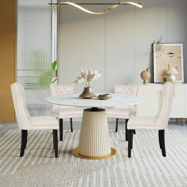 Puluomis Esszimmerstuhl (2/4/6/8 Set Grau/ Schwarz/Beige, 4 St), Samt Stuhl mit hoher Rückenlehne, Küchenstuhl mit Holzbeinen – Bild 1